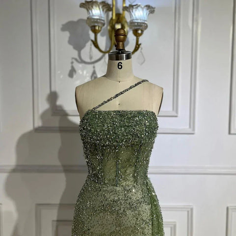 2025 Blue Mermaid Spaghetti Strap High Split Beaded Luxury Evening Dresses Gowns for Women Wedding Party LA72434