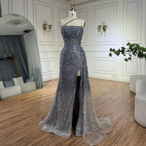 2025 Blue Mermaid Spaghetti Strap High Split Beaded Luxury Evening Dresses Gowns for Women Wedding Party LA72434