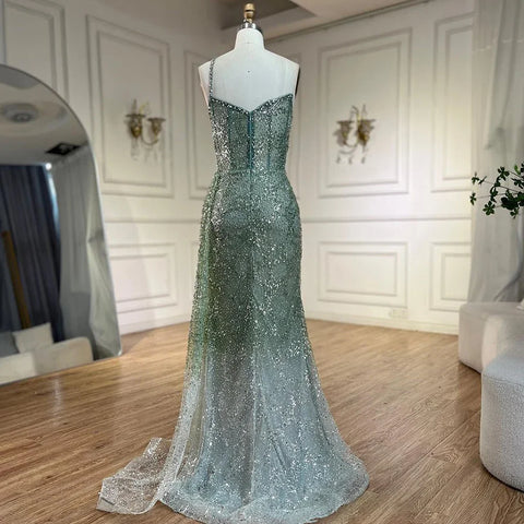 2025 Blue Mermaid Spaghetti Strap High Split Beaded Luxury Evening Dresses Gowns for Women Wedding Party LA72434