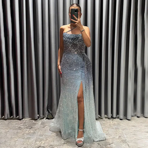 2025 Blue Mermaid Spaghetti Strap High Split Beaded Luxury Evening Dresses Gowns for Women Wedding Party LA72434