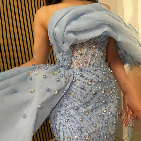 2025 Blue One Shoulder Split Beaded Pearls Luxury Mermaid Evening Dresses Gowns for Women Wedding Party LA72244A