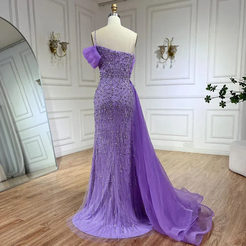 2025 Blue One Shoulder Split Beaded Pearls Luxury Mermaid Evening Dresses Gowns for Women Wedding Party LA72244A