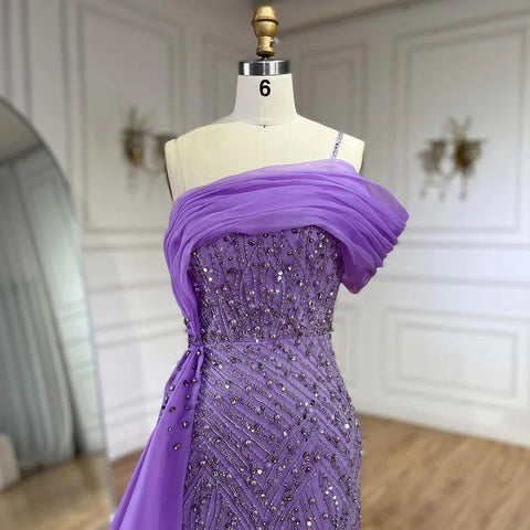 2025 Blue One Shoulder Split Beaded Pearls Luxury Mermaid Evening Dresses Gowns for Women Wedding Party LA72244A