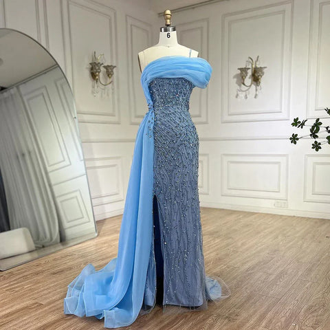 2025 Blue One Shoulder Split Beaded Pearls Luxury Mermaid Evening Dresses Gowns for Women Wedding Party LA72244A