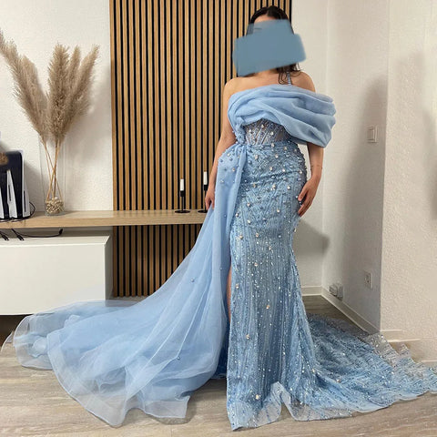 2025 Blue One Shoulder Split Beaded Pearls Luxury Mermaid Evening Dresses Gowns for Women Wedding Party LA72244A