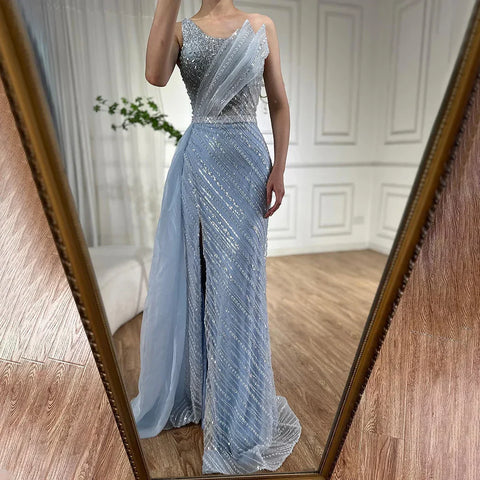 2025 Blue One Shoulder Split Saudi Evening Gown with Beaded Side Overskirt Dress for Formal Occasion LA72732