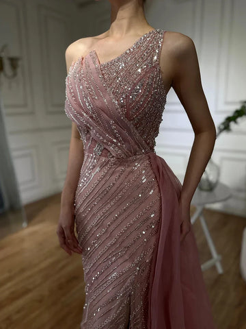 2025 Blue One Shoulder Split Saudi Evening Gown with Beaded Side Overskirt Dress for Formal Occasion LA72732