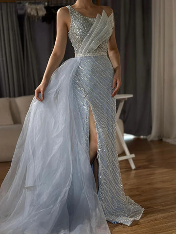 2025 Blue One Shoulder Split Saudi Evening Gown with Beaded Side Overskirt Dress for Formal Occasion LA72732