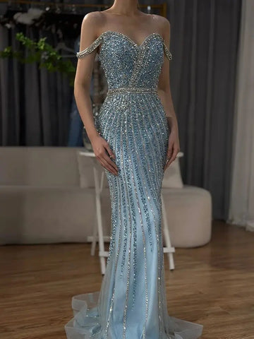 2025 Blue Prom Mermaid Gown Beaded Luxury Saudi Evening Dress for Formal Occasion LA72715A