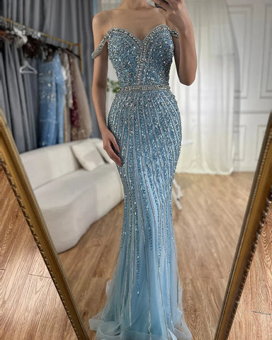 2025 Blue Prom Mermaid Gown Beaded Luxury Saudi Evening Dress for Formal Occasion LA72715A