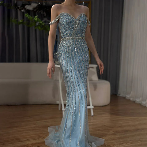2025 Blue Prom Mermaid Gown Beaded Luxury Saudi Evening Dress for Formal Occasion LA72715A