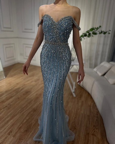 2025 Blue Prom Mermaid Gown Beaded Luxury Saudi Evening Dress for Formal Occasion LA72715A