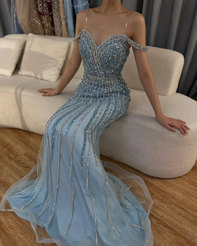 2025 Blue Prom Mermaid Gown Beaded Luxury Saudi Evening Dress for Formal Occasion LA72715A