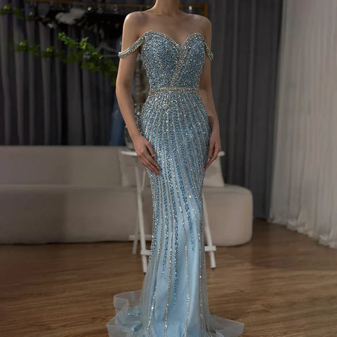 2025 Blue Prom Mermaid Gown Beaded Luxury Saudi Evening Dress for Formal Occasion LA72715A