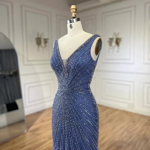 2025 Blue Spaghetti Strap Luxury Dubai Evening Gowns with Feathers and Beading for Women Wedding Party LA72525