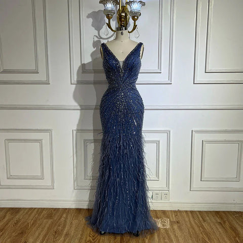 2025 Blue Spaghetti Strap Luxury Dubai Evening Gowns with Feathers and Beading for Women Wedding Party LA72525