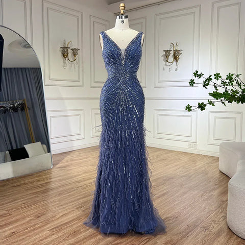 2025 Blue Spaghetti Strap Luxury Dubai Evening Gowns with Feathers and Beading for Women Wedding Party LA72525