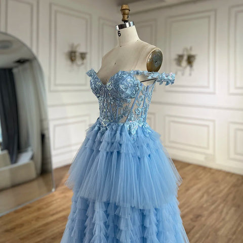 2025 Blue Spaghetti Strap Tiered A-Line Lace Appliques Lace-Up Luxury Prom Dress for Women's Party LA72621