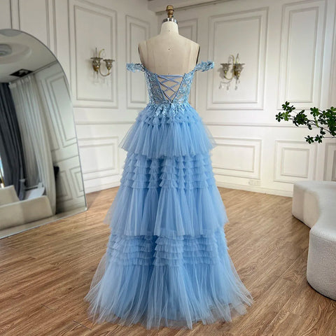 2025 Blue Spaghetti Strap Tiered A-Line Lace Appliques Lace-Up Luxury Prom Dress for Women's Party LA72621