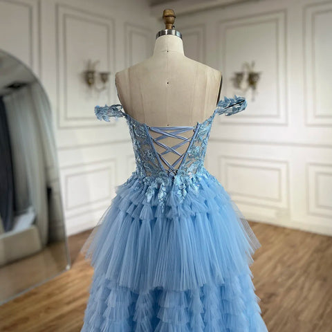 2025 Blue Spaghetti Strap Tiered A-Line Lace Appliques Lace-Up Luxury Prom Dress for Women's Party LA72621