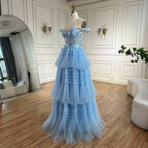 2025 Blue Spaghetti Strap Tiered A-Line Lace Appliques Lace-Up Luxury Prom Dress for Women's Party LA72621