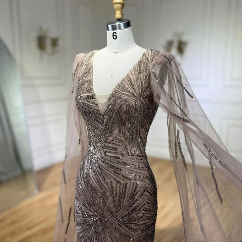 2025 Caramel Mermaid Cape Sleeves Beaded Sequined Luxury Dubai Evening Dresses Gowns for Women Wedding Party LA72428