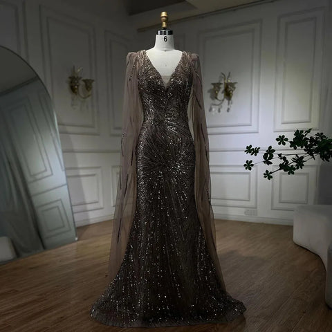 2025 Caramel Mermaid Cape Sleeves Beaded Sequined Luxury Dubai Evening Dresses Gowns for Women Wedding Party LA72428