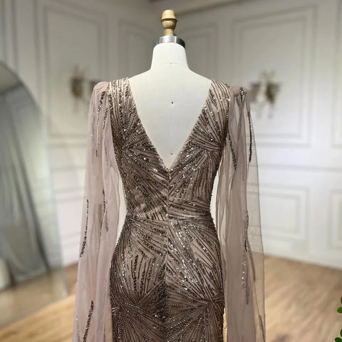2025 Caramel Mermaid Cape Sleeves Beaded Sequined Luxury Dubai Evening Dresses Gowns for Women Wedding Party LA72428