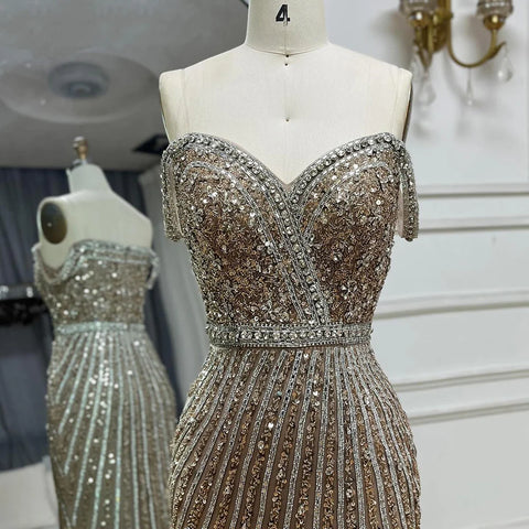 2025 Caramel Spaghetti Strap Mermaid Gown Feathers Beaded Luxury Saudi Evening Dress for Formal Occasion LA72715