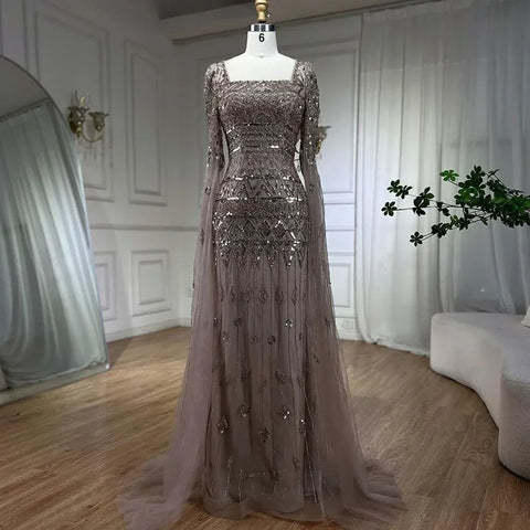 Luxury Wine Red Burgundy Evening Dress with Cape Sleeves LA72355A