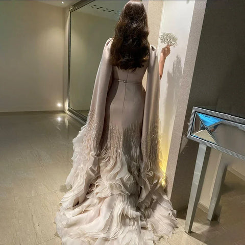 Luxury Mermaid Nude Evening Dresses with Cape Sleeves LA72317A