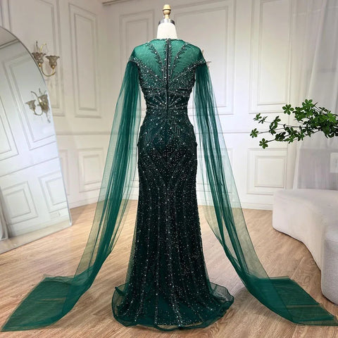 2025 Dubai Arabic Green Mermaid Elegant Cape Sleeves Beaded Luxury Evening Dresses Gowns Women Wedding Party LA72437