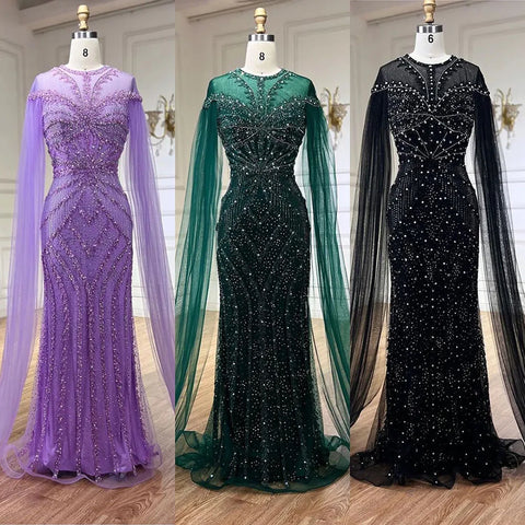 2025 Dubai Arabic Green Mermaid Elegant Cape Sleeves Beaded Luxury Evening Dresses Gowns Women Wedding Party LA72437