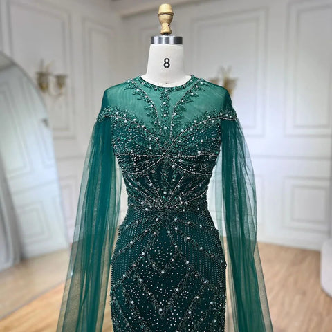 2025 Dubai Arabic Green Mermaid Elegant Cape Sleeves Beaded Luxury Evening Dresses Gowns Women Wedding Party LA72437