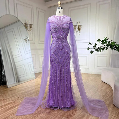 2025 Dubai Arabic Green Mermaid Elegant Cape Sleeves Beaded Luxury Evening Dresses Gowns Women Wedding Party LA72437