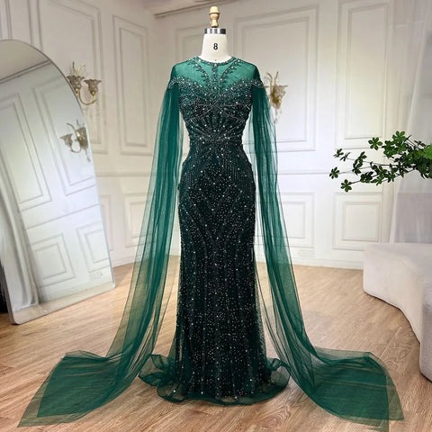 2025 Dubai Arabic Green Mermaid Elegant Cape Sleeves Beaded Luxury Evening Dresses Gowns Women Wedding Party LA72437
