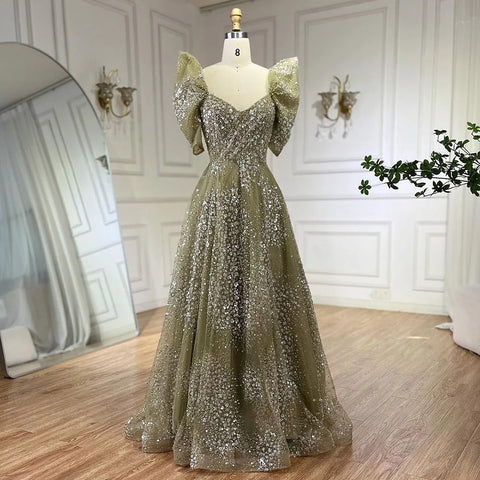 Glitter Lime Green Luxury Dubai Evening Dress Engagement Arabic LA72447