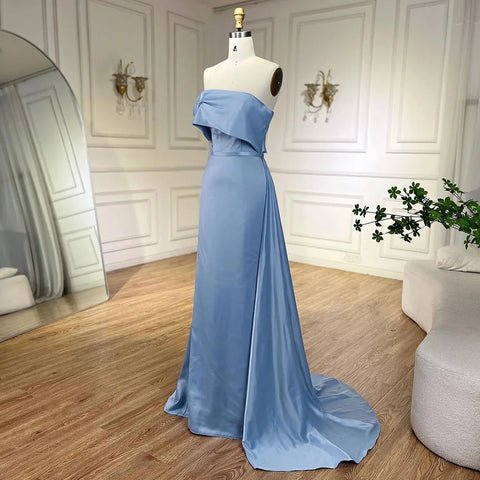 2025 Dubai Blue Satin Off The Shoulder Mermaid Luxury Arabic Evening Dresses Gowns for Women Wedding Party LA72506