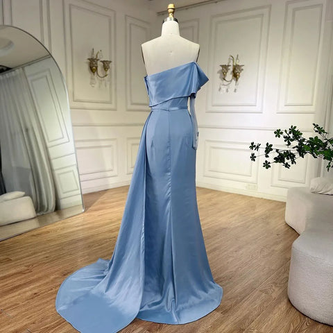 2025 Dubai Blue Satin Off The Shoulder Mermaid Luxury Arabic Evening Dresses Gowns for Women Wedding Party LA72506