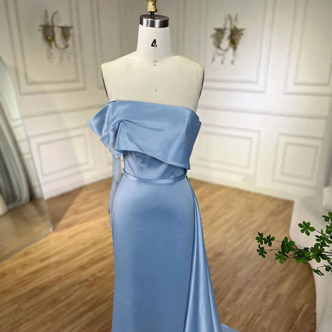 2025 Dubai Blue Satin Off The Shoulder Mermaid Luxury Arabic Evening Dresses Gowns for Women Wedding Party LA72506