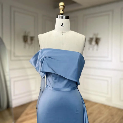 2025 Dubai Blue Satin Off The Shoulder Mermaid Luxury Arabic Evening Dresses Gowns for Women Wedding Party LA72506
