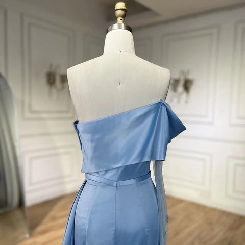 2025 Dubai Blue Satin Off The Shoulder Mermaid Luxury Arabic Evening Dresses Gowns for Women Wedding Party LA72506