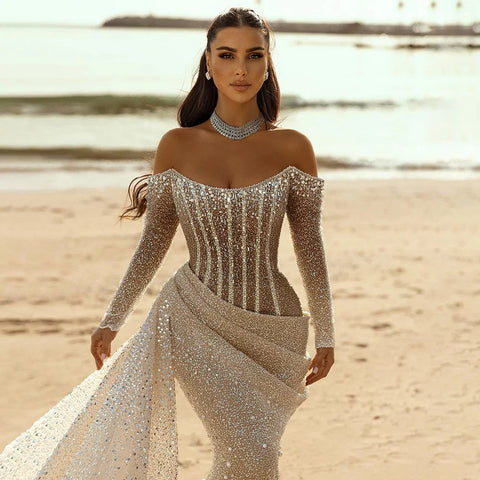 2025 Dubai Nude Strapless Mermaid Dress with Overskirt Beaded Luxury Evening Gown for Women Wedding Party LA72291