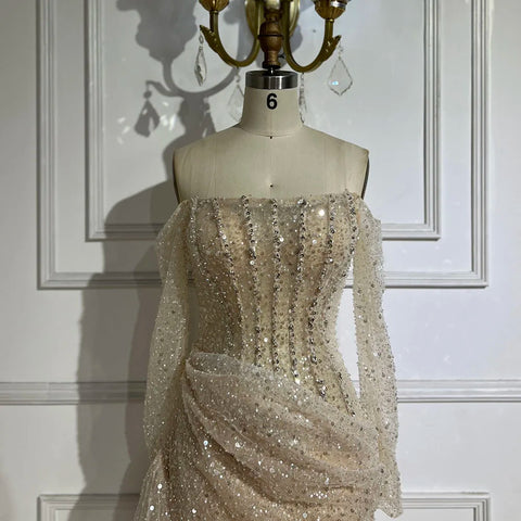 2025 Dubai Nude Strapless Mermaid Dress with Overskirt Beaded Luxury Evening Gown for Women Wedding Party LA72291