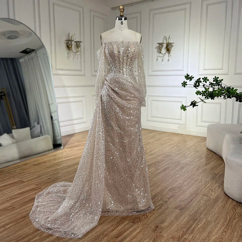 2025 Dubai Nude Strapless Mermaid Dress with Overskirt Beaded Luxury Evening Gown for Women Wedding Party LA72291