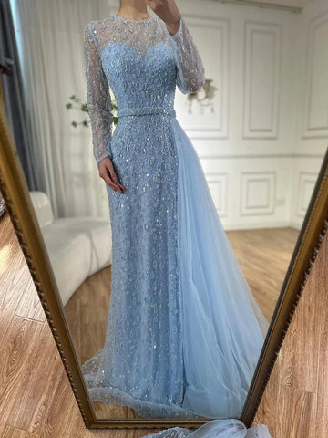 2025 Elegant Blue Saudi Arabic Evening Gown with Beaded Side Overskirt Dress for Formal Occasion LA72734