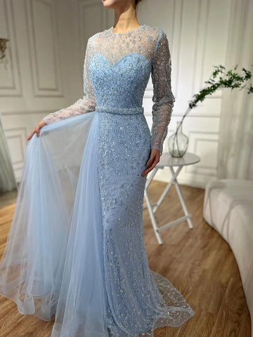 2025 Elegant Blue Saudi Arabic Evening Gown with Beaded Side Overskirt Dress for Formal Occasion LA72734