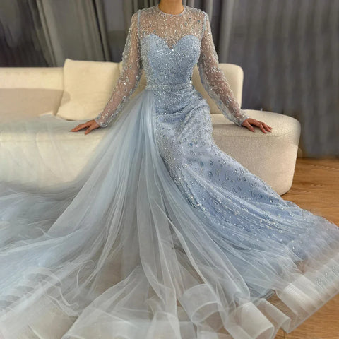 2025 Elegant Blue Saudi Arabic Evening Gown with Beaded Side Overskirt Dress for Formal Occasion LA72734