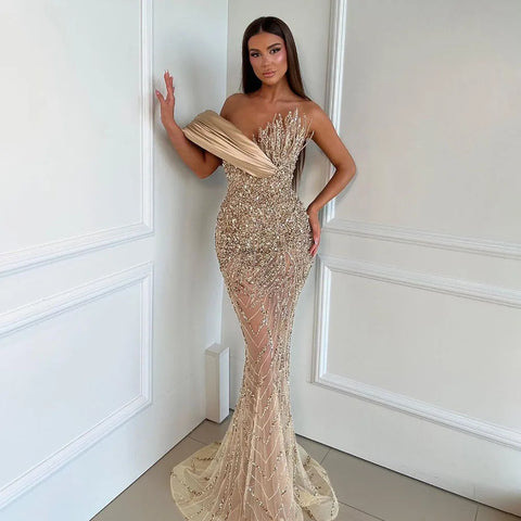2025 Elegant Caramel  One Shoulder Saudi Arabic Evening Gown with Beaded Dress for Formal Occasion LA72577