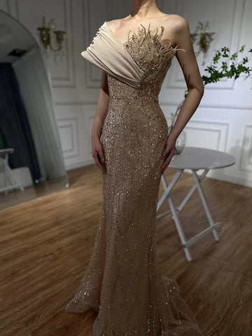 2025 Elegant Caramel  One Shoulder Saudi Arabic Evening Gown with Beaded Dress for Formal Occasion LA72577